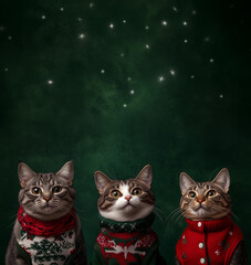3 different type of cats side by side wearing ugly Christmas sweater 