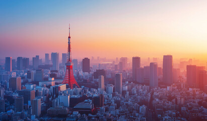 Fototapeta premium Minimalist Cityscape with Iconic Landmark and Soft Lighting, generative ai