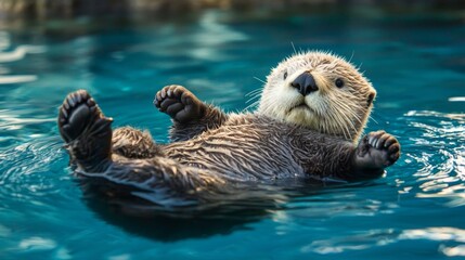 Playful sea otter floating on its back in clear blue water