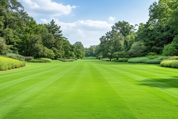 Obraz premium Lush Green Lawn Stretching Towards the Horizon in a Tranquil Park Setting on a Sunny Day