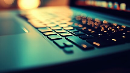 Close-up of a laptop keyboard illuminated by soft ambient lights