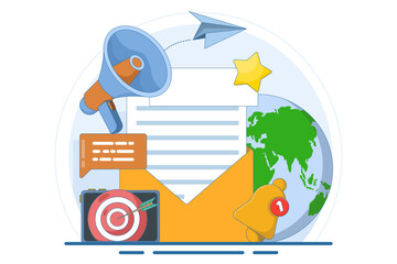Email marketing concept. Digital marketing, e-commerce, social media marketing, business mailing, subscription. Commercial mailing list marketing, business newsletter subscription, vector illustration