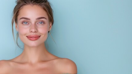Smiling Woman with Green Eyes and Brown Hair, Light Blue Background, Natural Makeup, Minimalist Portrait, Copy Space for Text, Soft Lighting, Fresh and Cheerful Expression

