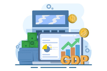 gross domestic product concept, money pile, national economy, monetary policy, GDP, economic growth, public finance, growth graph and chart. flat vector illustration.