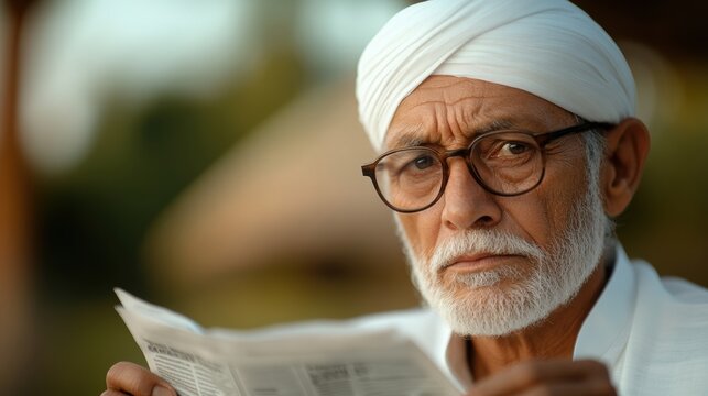 Elderly Indian man reading newspaper - Powered by Adobe