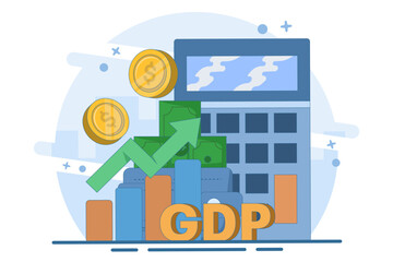 gross domestic product concept, money pile, national economy, monetary policy, GDP, economic growth, public finance, growth graph and chart. flat vector illustration.