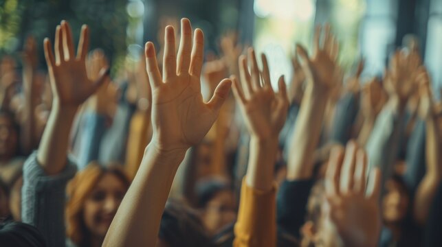 Group of diverse people raising hands in a seminar