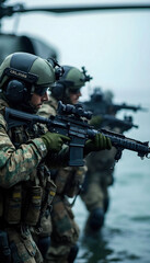 Fototapeta premium A group of Navy SEALs preparing for a mission, equipped with tactical gear and focused determination, showcasing the elite training and readiness of special forces.