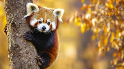 Red panda climbing a tree, showcasing its playful nature