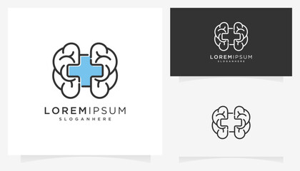 Abstract vector of health cross and brains icons symbols. Creative mental health logo design ideas.
