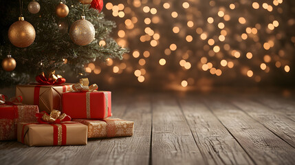 Christmas Gifts Under the Tree with Gold Decorations and Wooden Floor