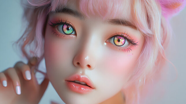 Uwu Girl with Pink Hair and Big Eyes, Cute Aesthetic Character in Soft Pink Setting