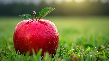 Manzana roja con gotas de agua en un campo al amanecer