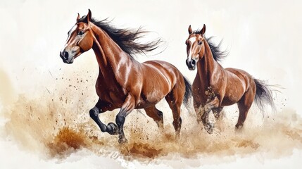 Two Spirited Purebred Arabian Horses Running Joyfully Through a Sandy Landscape With Flowing Manes. Generative AI