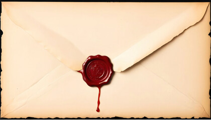 An old letter envelope with a wax seal, beautifully aged and isolated on a white background, evoking a sense of nostalgia and vintage charm