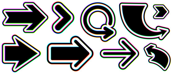 Collection of bold glitch-style arrow icons featuring vibrant distortion. Vector illustration perfect for tech and modern designs.