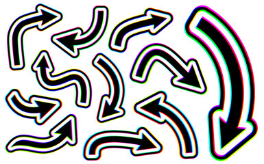 A collection of various black hand-drawn arrows with a colorful glitch effect. The arrows vary in size and direction, adding a dynamic, artistic touch to digital projects and designs.