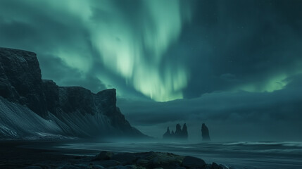 The northern lights illuminate a magical icelandic shoreline with basalt sea stacks and cliffs