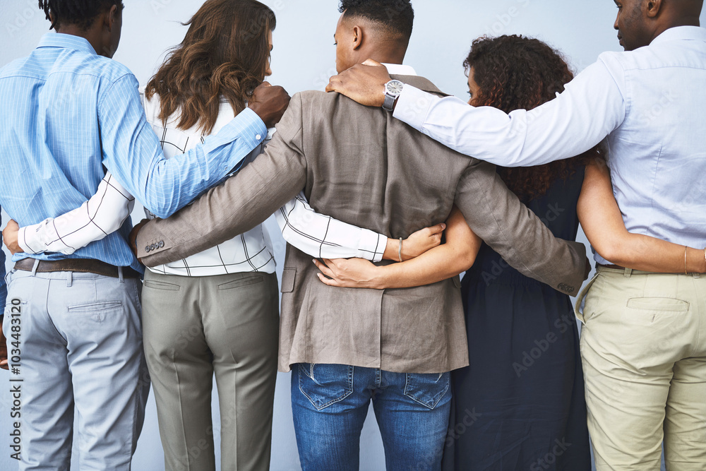 Poster back, group and business people with hug in office for team building, unity and support in meeting. 