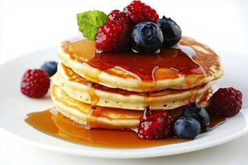 Stack of fluffy pancakes drizzled with syrup and topped with berries isolated on white background