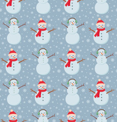 Seamless pattern with funny snowmen and snowflakes. Winter colorful background