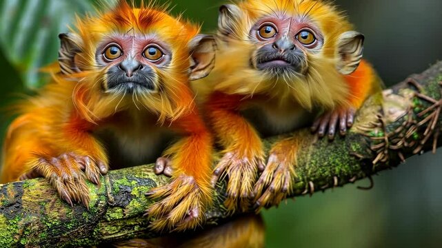 Two golden-haired monkeys perch on a mossy branch in a lush forest