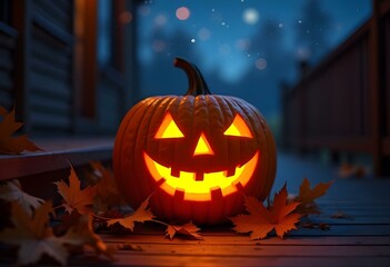 Obraz premium A glowing Halloween pumpkin with a carved face, placed on a wooden porch, surrounded by autumn leaves, under a clear night sky filled with stars create with ai
