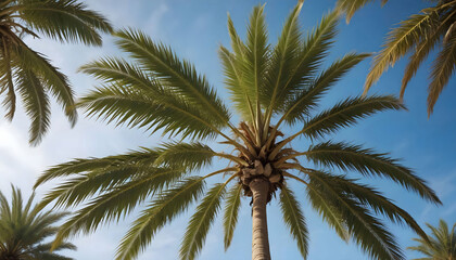 Fototapeta premium A tall palm tree swaying gently in the breeze against a clear blue sky, embodying the essence of tropical paradise and relaxation.
