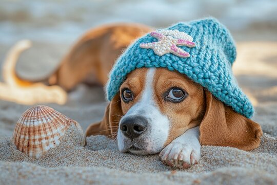 Adorable beagle puppy in knitted hat relaxing on sandy beach with seashell