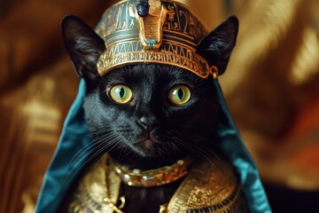 Regal black cat in pharaoh costume with intricate egyptian headpiece