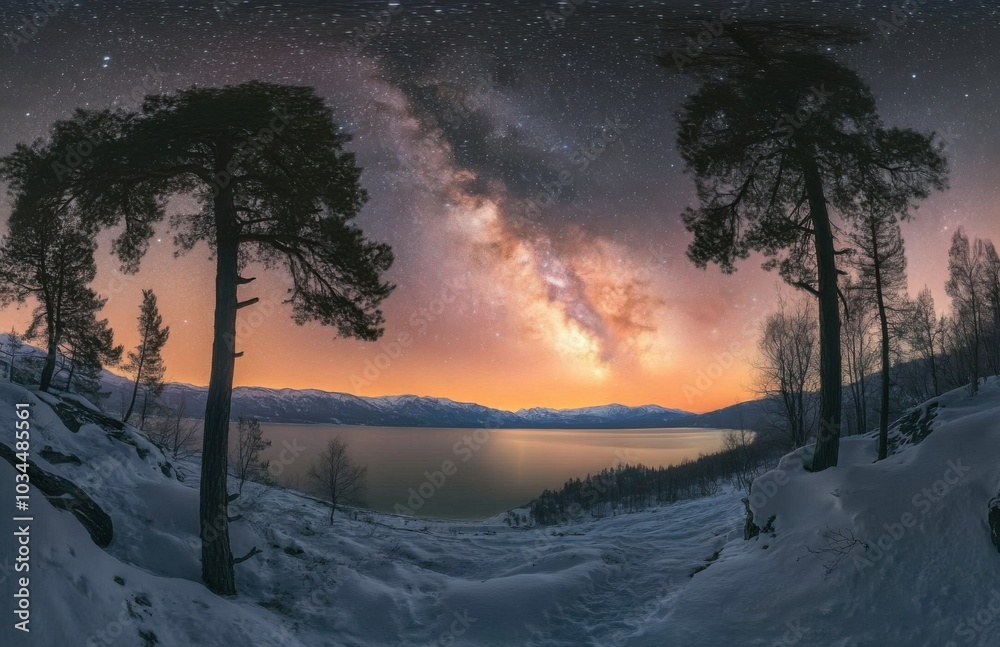 Poster beautiful panoramic view of the milky way over a frozen lake in winter, pine trees on both sides of 