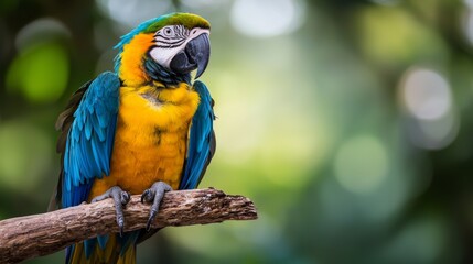 Vibrant macaw perched on a branch, showcasing its colorful feathers. Colorful bird parrot