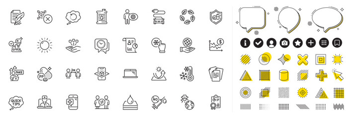 Set of Recovery data, Quick tips and Feather signature line icons for web app. Design elements, Social media icons. Report, Freezing, Laptop icons. Vector