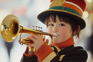 Fototapeta premium Cherubic child in parade attire playing a trumpet with joyful expression