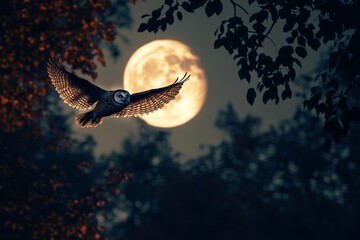 Friendly Owl Flying Under the Moon in a Quiet Night Sky