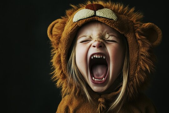 Roaring child in lion costume expressing emotions in dramatic lighting