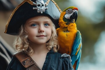 Young pirate adventurer with colorful parrot companion captures imagination