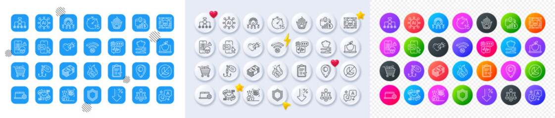 Difficult stress, Food and Fishing lure line icons. Square, Gradient, Pin 3d buttons. AI, QA and map pin icons. Pack of Shopping cart, Pasta, Phone image icon. Vector