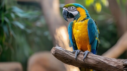 Vibrant macaw perched on a branch, showcasing its colorful feathers. Colorful bird parrot