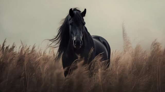 A majestic black Friesian horse stands powerfully among tall, golden weeds that sway gently in the wind. 