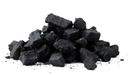 Fototapeta premium A pile of charcoal isolated on a white background, showcasing its texture and dark color, ideal for various applications such as grilling, art, or filtration