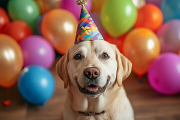 Happy labrador in colorful party hat surrounded by festive balloons