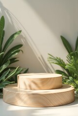 Obraz premium Stylish light wood double vertical podium illuminated by soft lights in a modern minimalistic and eco-friendly design, with plants around. Concept for product placement