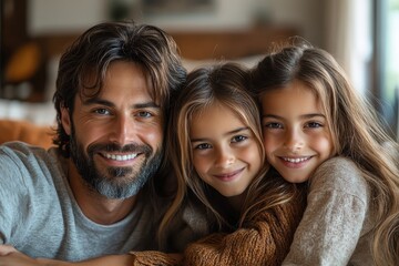 Father enjoying quality time with his two daughters at home during a cozy afternoon together