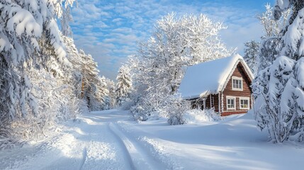Winter wonderland scene with snow-laden branches and a cozy cabin. Wooden hut in a snowy forest