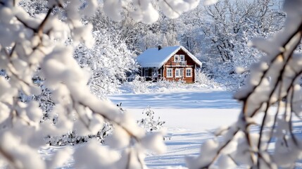 Winter wonderland scene with snow-laden branches and a cozy cabin. Wooden hut in a snowy forest