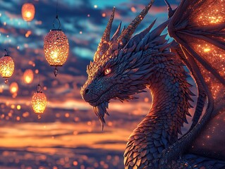 Whimsical Dragon with Glittering Wings and Glowing Lanterns: A Magical Poster Perfect for Enchanting Spaces and Inspiring Creativity Against a Twilight Sky!