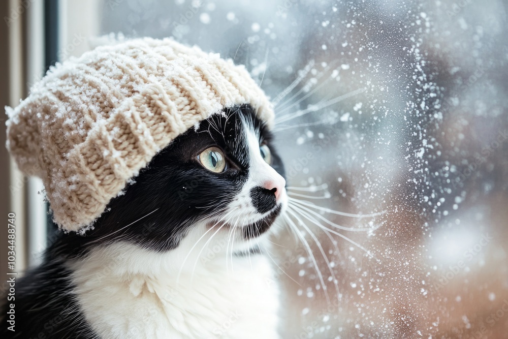 Wall mural cozy winter cat: snowy scene with a hat-clad feline gazing out a frosty window