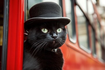 Charming black cat in top hat gazing out from red bus window