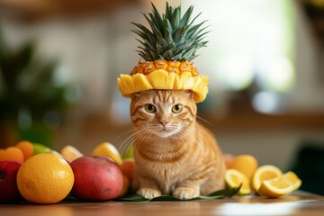 Adorable cat with pineapple hat among fresh tropical fruits